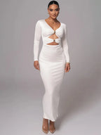 V-Neck Long Sleeve Ring Hardware Cut Out Bodycon Maxi Dress