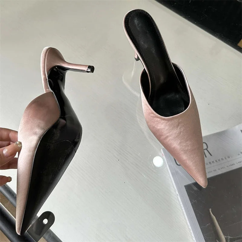 Spring Satins Pointed Toe Slippers Woman Thin Heels