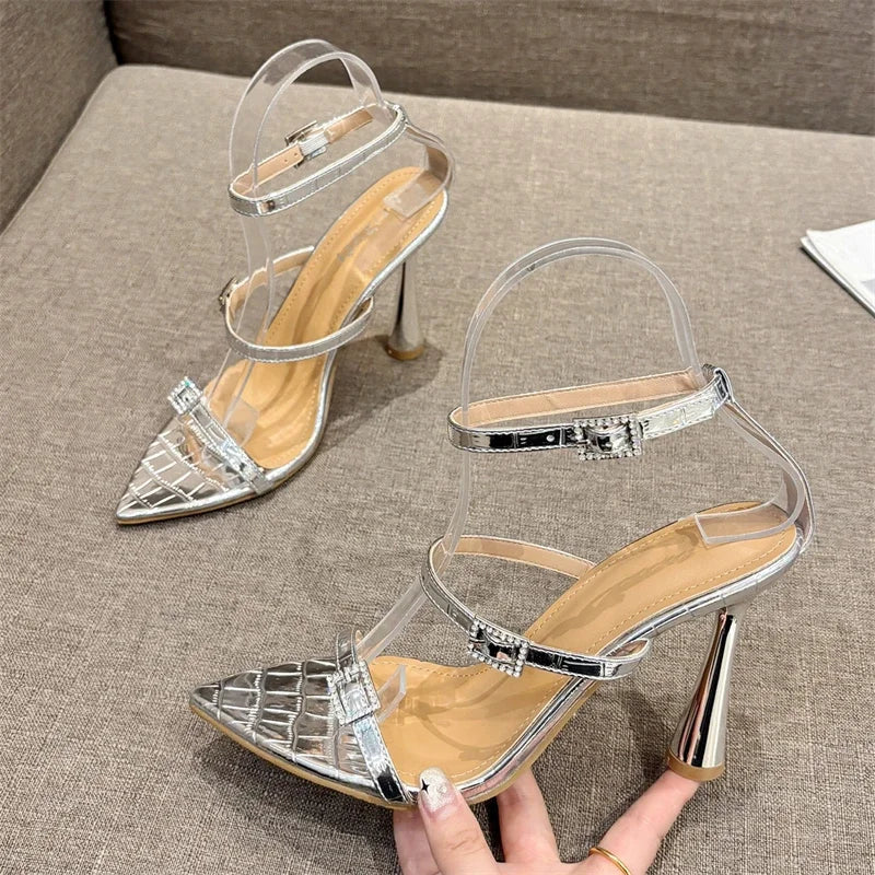 Summer Sexy Narrow Band Pointed Toe Thin Heels Sandals for Women with Buckle