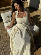 Square Neck Drop Waist Pleated Gathered Skirt Midi Dress