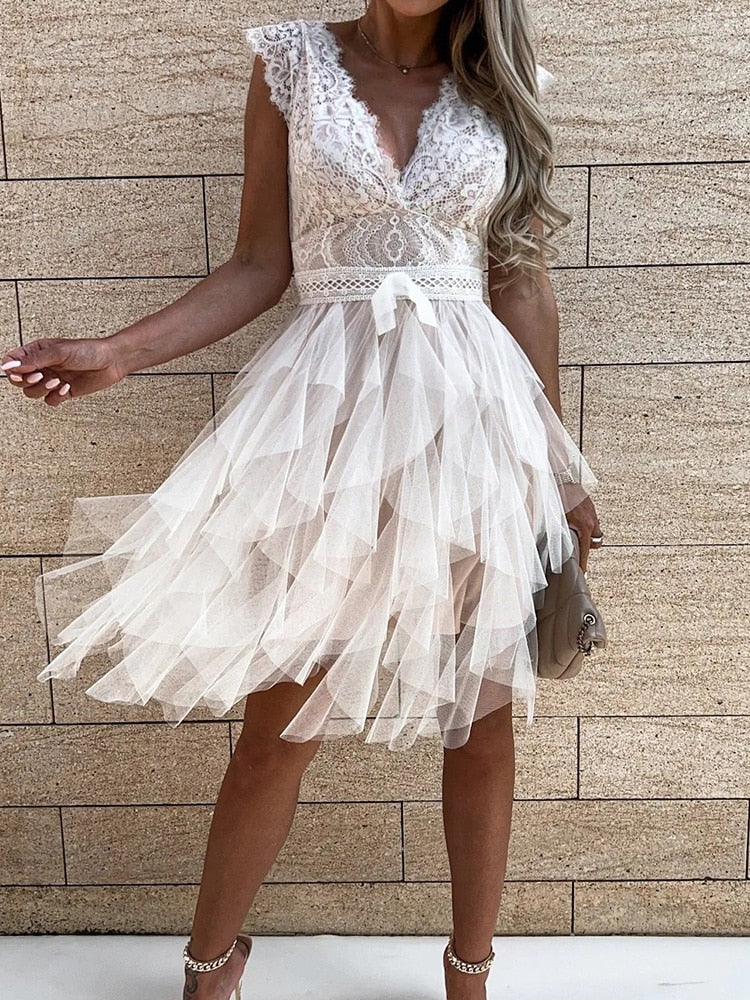 Floral Lace Deep V-Neck Bow Waist Tiered Tulle Skater Mini Dress