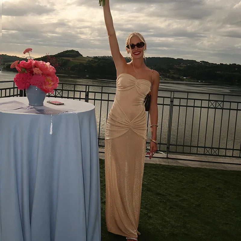 Elegant Strapless Long Maxi Mermaid Dress 2025 Women Sleeveless High Waist Ruched Backless Weddiing Party Evening Prom Dresses