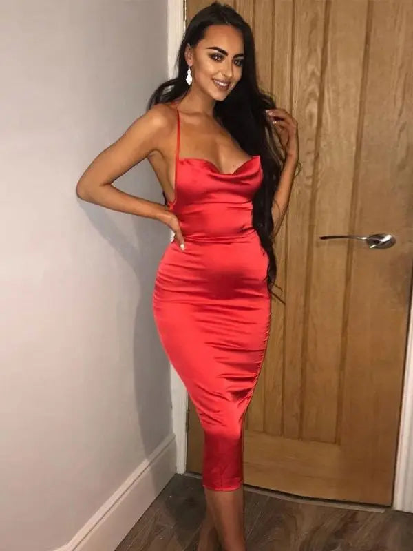 Cowl Neck Spaghetti Strap All Over Ruched Satin Bodycon Midi Dress