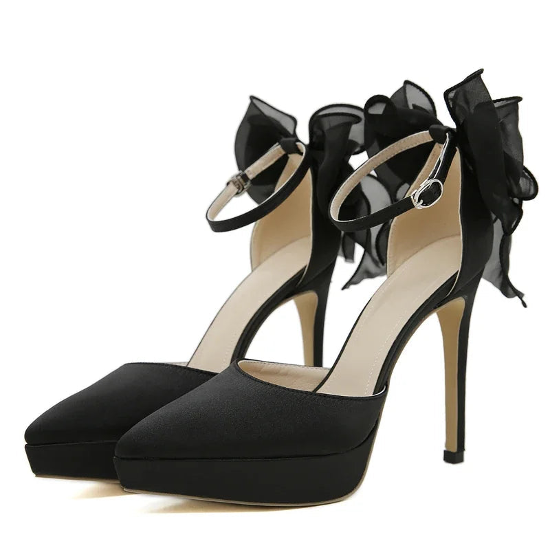Satin Butterfly-knot Buckle Strap Women Pumps Pointed Toe Stiletto High Heels