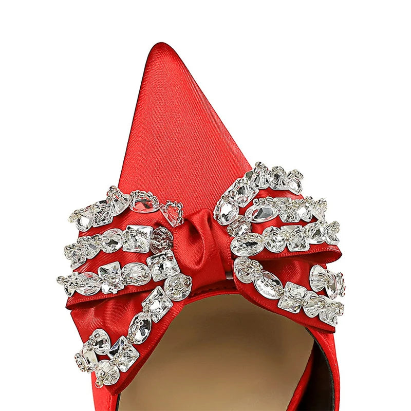 Summer High Heels 10 Cm Rhinestone Bow Women's Pumps with Hollow Out Design