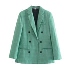 British Style Retro Plaid Blazer Suit Women Simple Mid Length Double Breasted Casual Office Blazers Lady Work Commute Suit