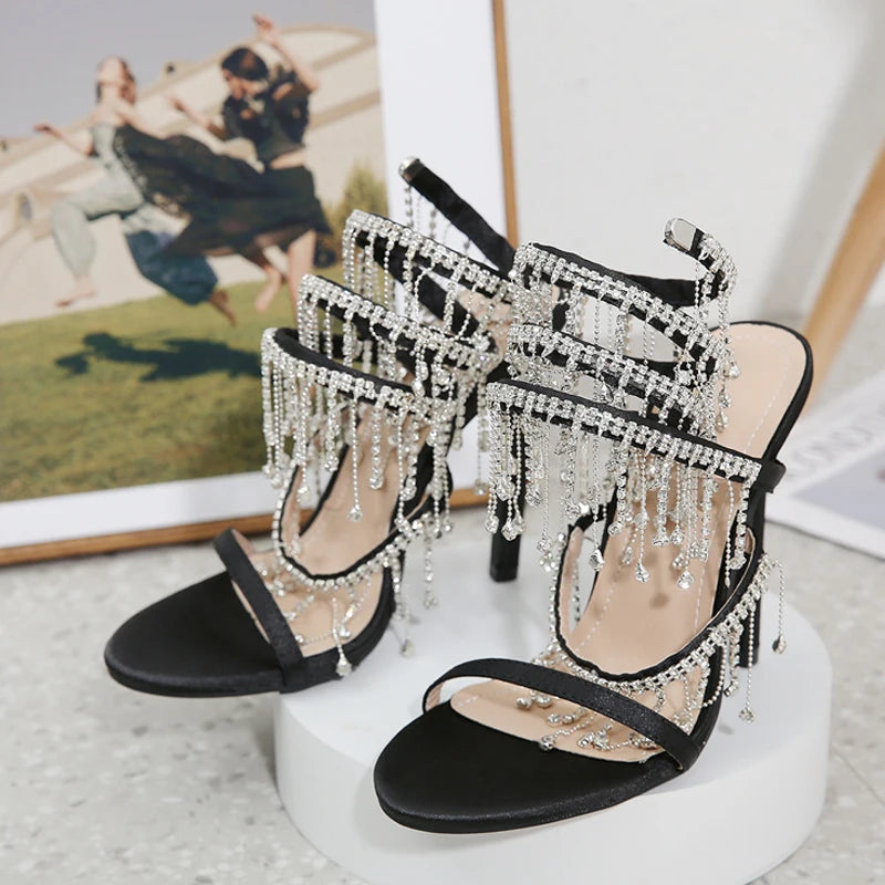Glitter Crystal Tassel Snake Coiled Sandals for Women