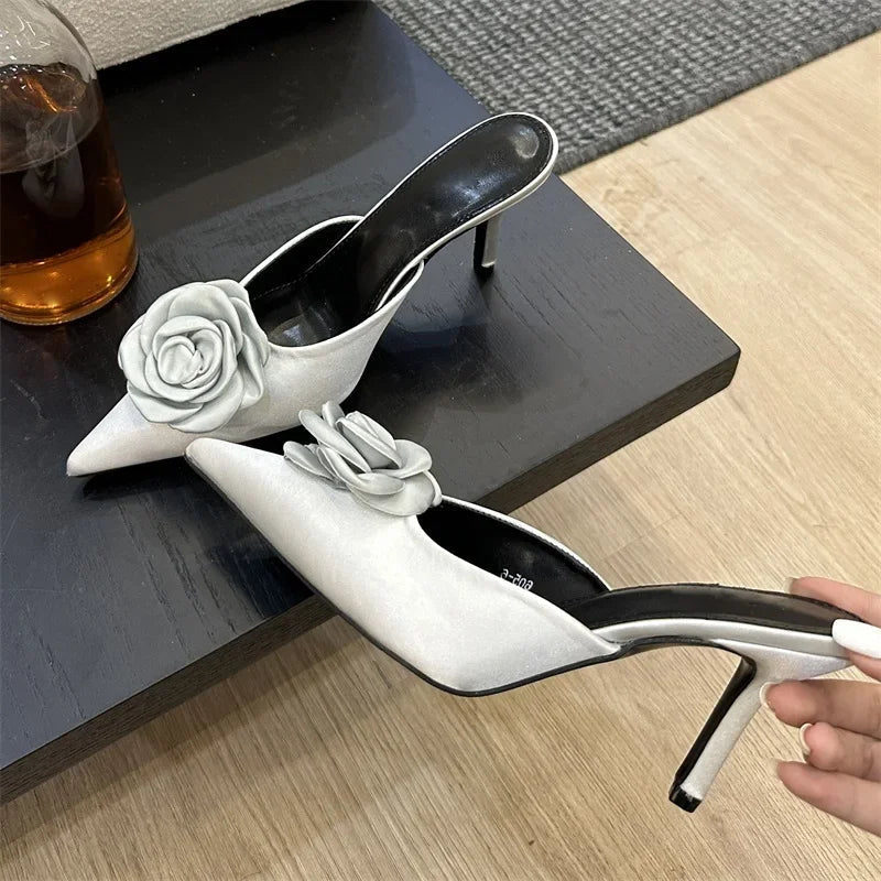 Flower Pointed Toe Women Pumps Slippers Thin High Heels Fashion Shoes