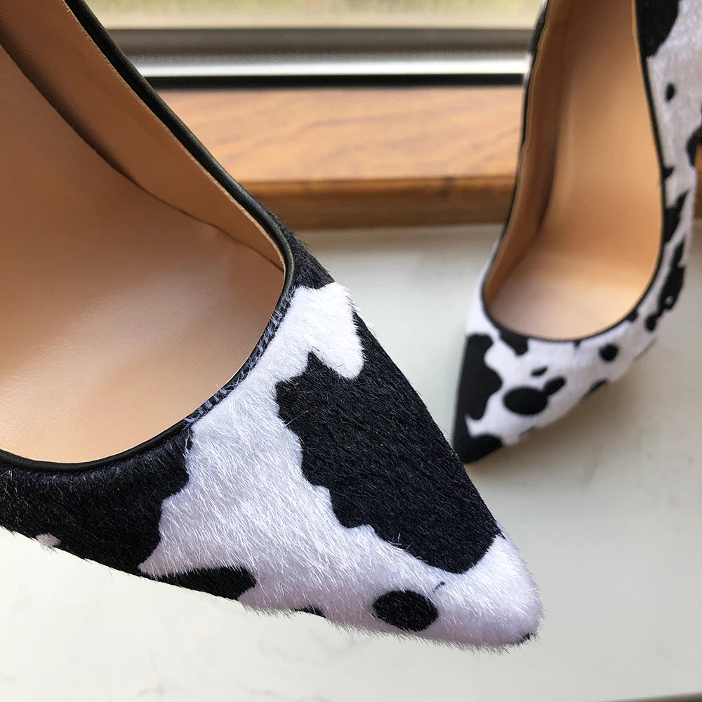 Cow Print Women White Hairy Flock Pointy Toe High Heel Shoes - Cow Print High Heel Shoes