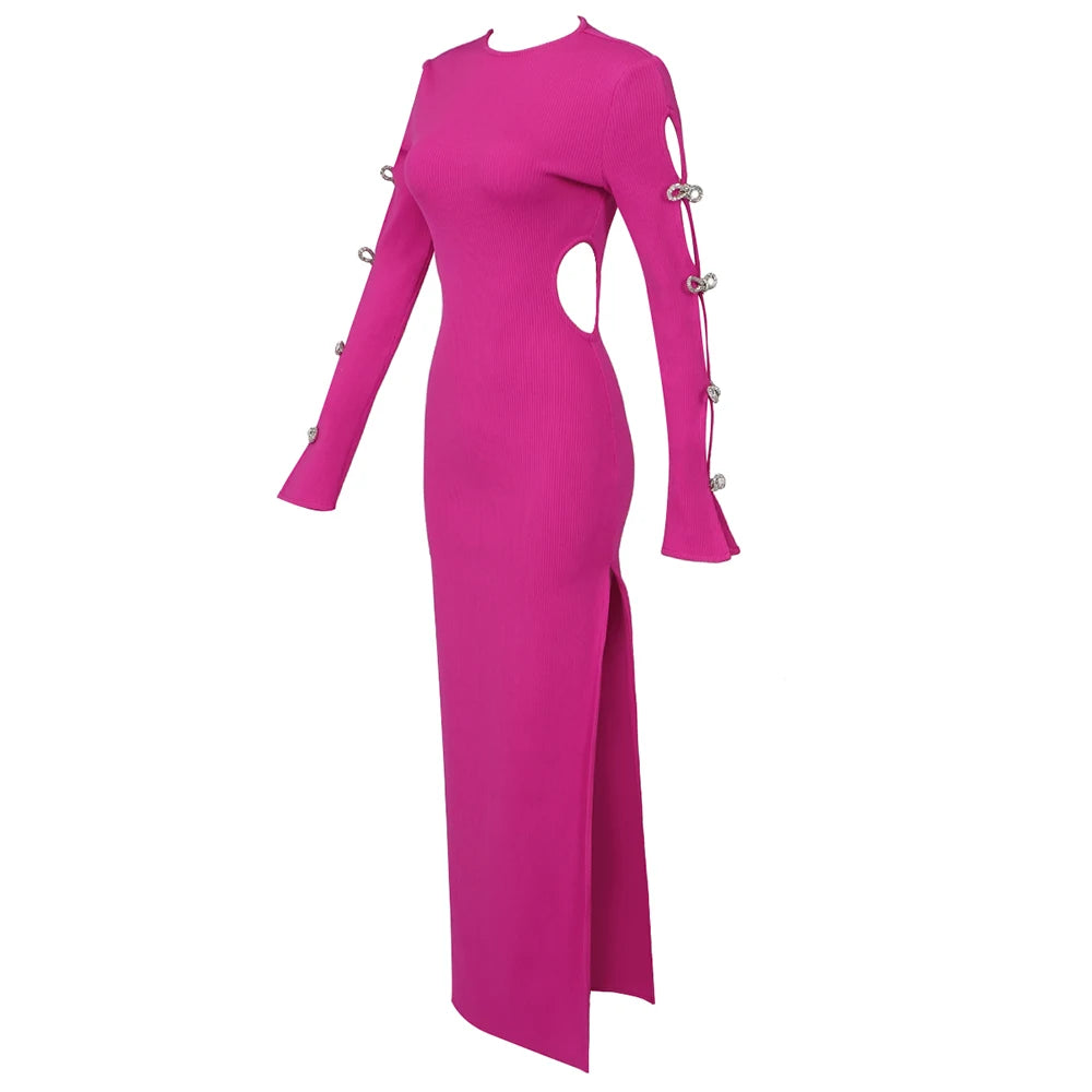 Alyssa Rhinestone Gown Dress with Bandage Long Sleeves and Cut Outs