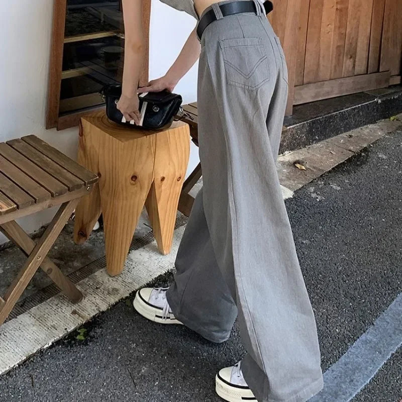 Gray Vintage Suit Pants for Women Oversized Elegant Korean Fashion Slack Classic Trousers Office Ladies Palazzo Loose