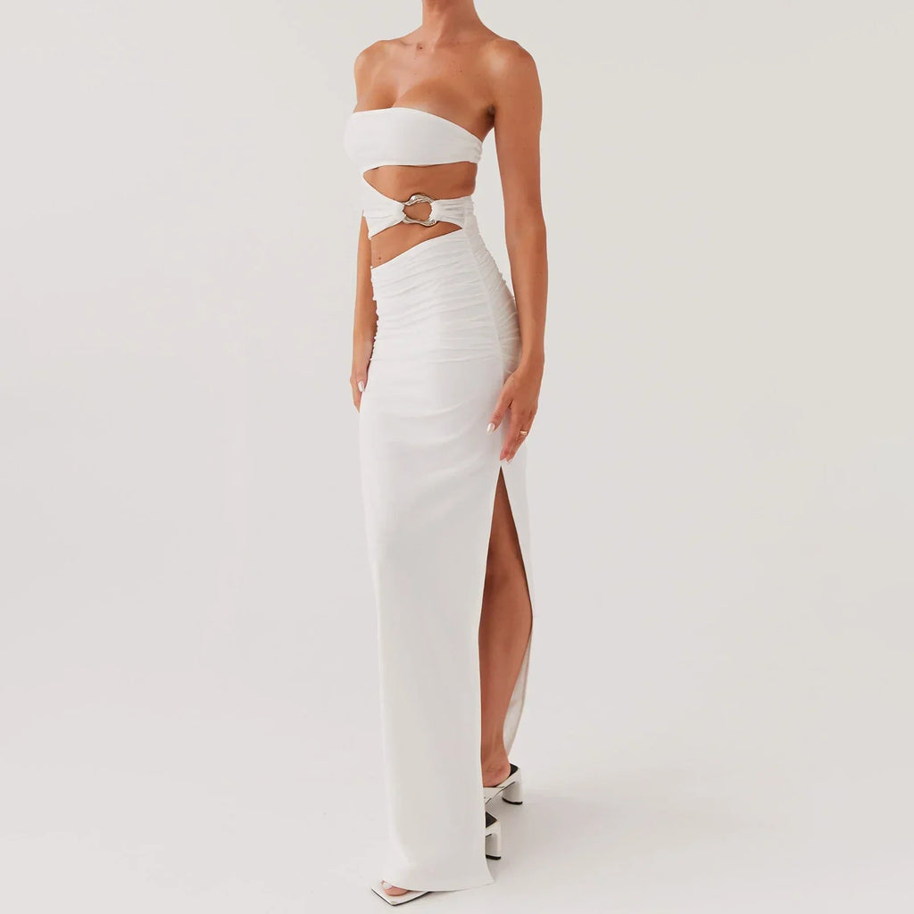 Strapless Ring Waist Cutout Ruched Hip High Slit Maxi Dress