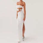 Strapless Ring Waist Cutout Ruched Hip High Slit Maxi Dress