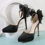 Satin Butterfly-knot Buckle Strap Women Pumps Pointed Toe Stiletto High Heels