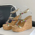 Wood Grain Platform Wedges High Heels Sandals