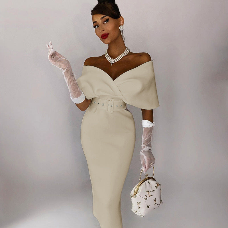 Off Shoulder Draped Cap Sleeve Wrap Belt Grommet Bodycon Midi Dress