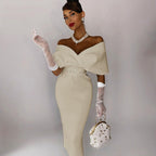 Off Shoulder Draped Cap Sleeve Wrap Belt Grommet Bodycon Midi Dress