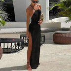 Glitter Knit Halter Backless High Slit Column Maxi Dress