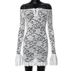 Long Sleeve Streetwear White Lace Dress For Women Slash Neck Outfits See Through Fashions Vestidos Elegantes Para Mujer Ruffles