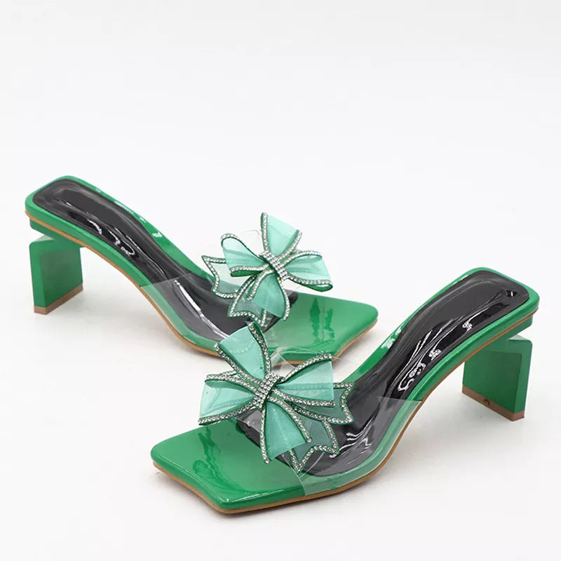 Green Transparent Low Square Heel Women's Slippers
