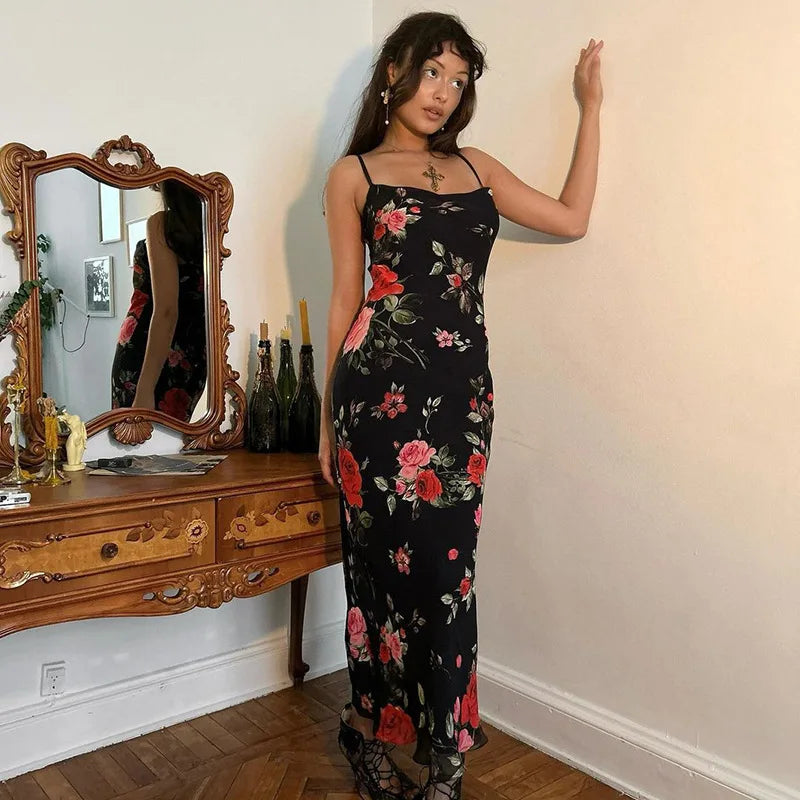 Large Scale Floral Print Spaghetti Strap Sheer Skirt Bodycon Maxi Dress