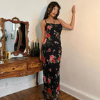 Large Scale Floral Print Spaghetti Strap Sheer Skirt Bodycon Maxi Dress