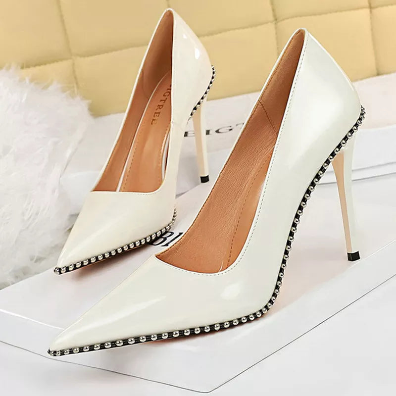 Metal Beads Black Suede High Heel Stiletto Wedding Shoes Women Pumps