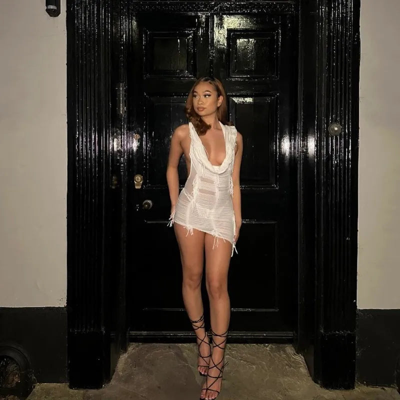Hooded Distressed Layered Shredded Deep V-Neck Bodycon Mini Dress