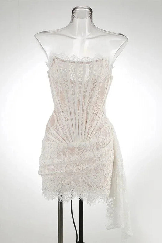 High Waist Lace Printed Strapless Mini Dress