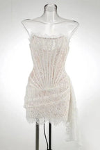 High Waist Lace Printed Strapless Mini Dress