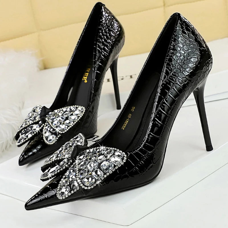 Women's Stiletto Pumps with Bowknot Design and Rhinestone Detail