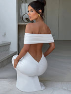 Off Shoulder Horizontal Ruched Band Column Maxi Mini Dress