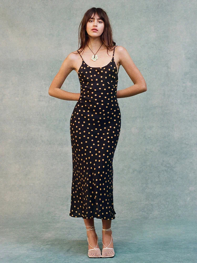 Polka Dot Print Spaghetti Strap Scoop Neck Slip Midi Dress