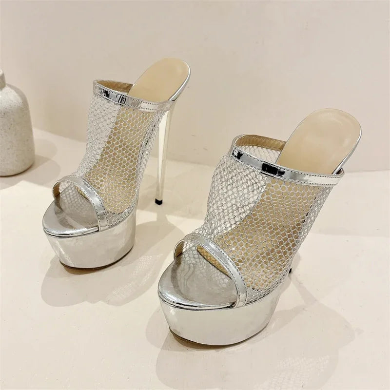 Mesh Fabric Sexy Women Slippers with Platform Peep Toe Nightclub Stiletto High Heels