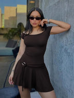 European And American Style Sexy Off The Shoulder Dress, Women'S Summer Elastic One Line Neck Slim Fitting Lace Up Pleated Skirt