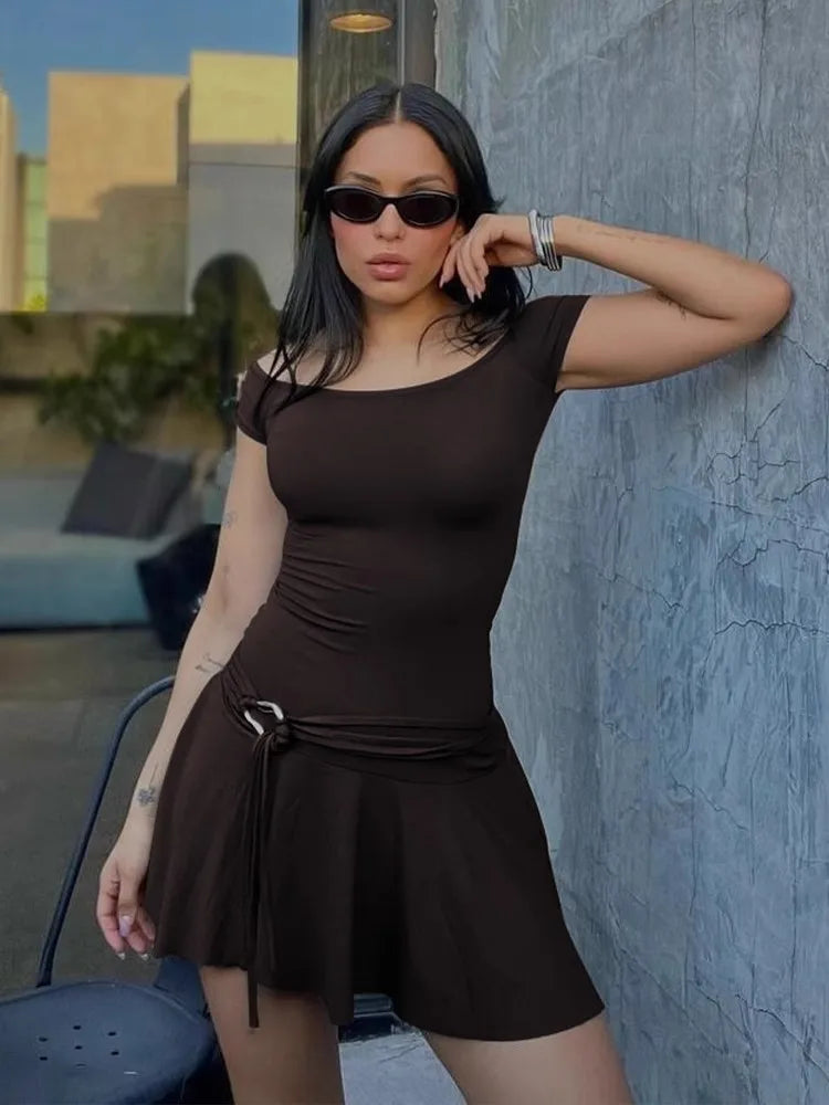 European And American Style Sexy Off The Shoulder Dress, Women'S Summer Elastic One Line Neck Slim Fitting Lace Up Pleated Skirt