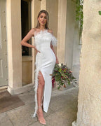 Strapless Feather Trim High Split Bodycon Maxi Gown