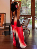Halter Tie Neck Ombre Gradient Backless Draped Sash Maxi Dress