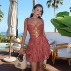 Sweetheart Neck Ruched Bust Starfish Embellished Cutout Accordion Pleat Mini Dress