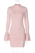 Elegant Pleated O Neck Long Sleeve Mini Dress
