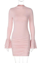 Elegant Pleated O Neck Long Sleeve Mini Dress