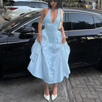 Halter Plunging V-Neck Drop Waist Pleated Fit and Flare Midi Dress