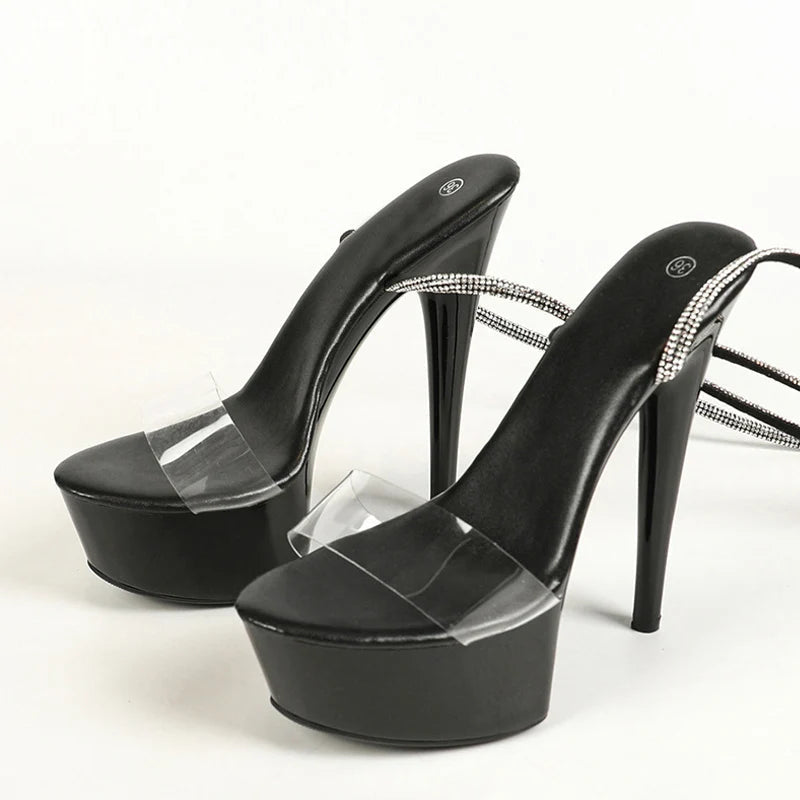Red Crystal Rhinestone Ankle Strap Transparent Platform Sandals for Women