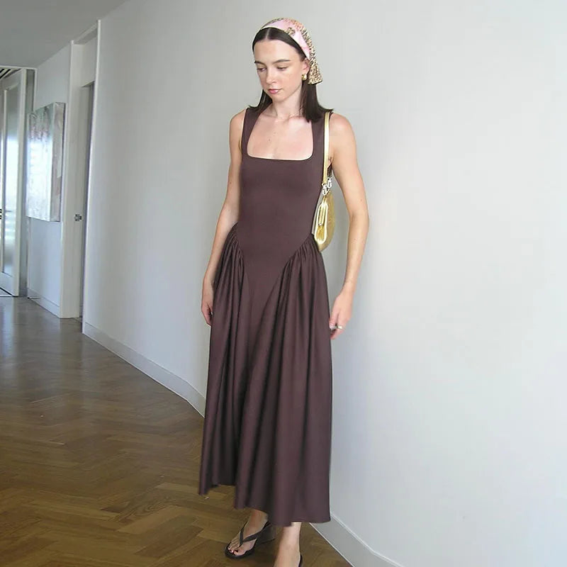 Square Neck Drop Waist Pleated Gathered Skirt Midi Dress