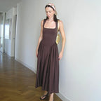 Square Neck Drop Waist Pleated Gathered Skirt Midi Dress