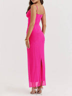Spaghetti Strap Sweetheart Corset Bodice Lace Trim Ruched Mesh Maxi Dress