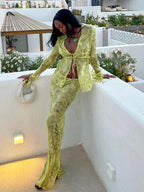 Sheer Marble Print Bell Sleeve Tie Front Maxi Skirt Set