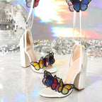 White Open Toe Sandals with Handwork Embroidery Butterfly Lace-Up High Heels for Women