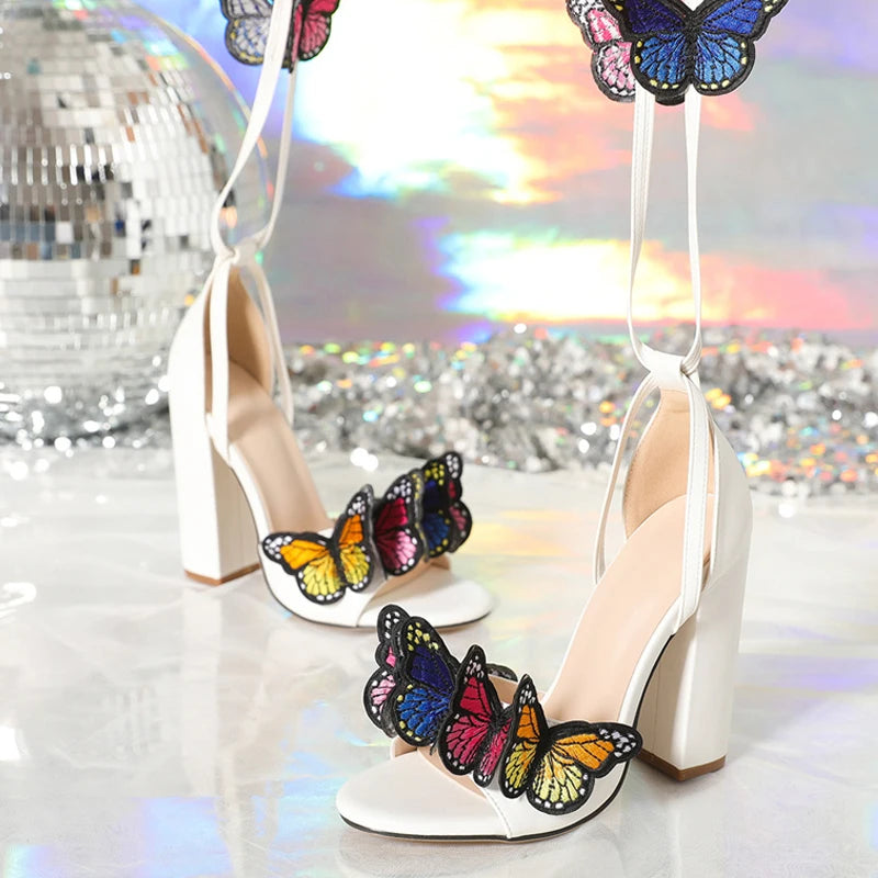 White Open Toe Sandals with Handwork Embroidery Butterfly Lace-Up High Heels for Women