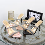 Wave point rhinestone slippers with 9.5CM high heels, open toe, perfect for outdoor wear.